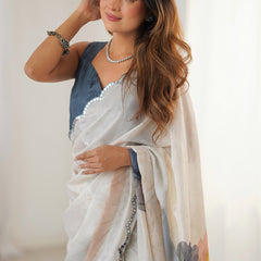 Off White Chinon Silk Print Work With Mirror Work Border Designer Saree