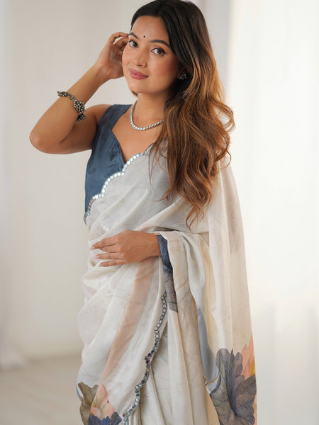 Off White Chinon Silk Print Work With Mirror Work Border Designer Saree