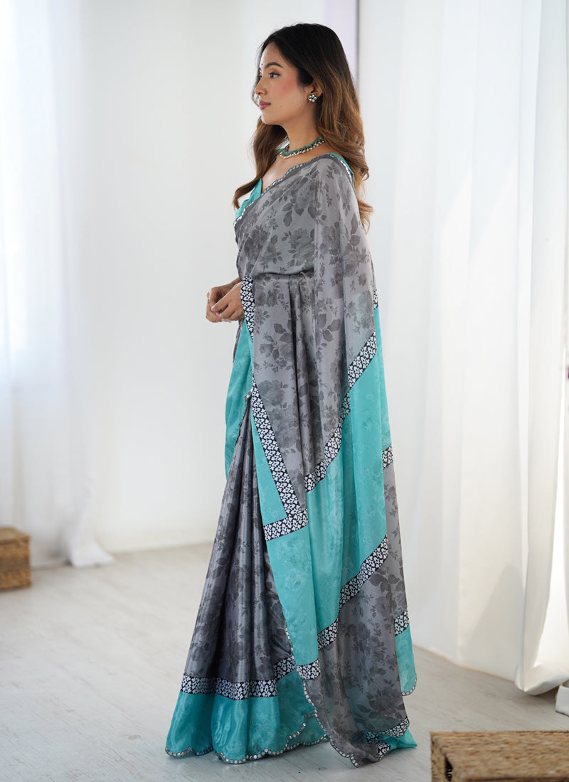 Grey Chinon Silk Print Work With Mirror Work Border Designer Saree