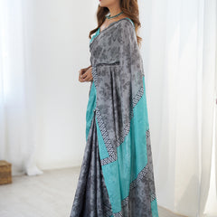 Grey Chinon Silk Print Work With Mirror Work Border Designer Saree
