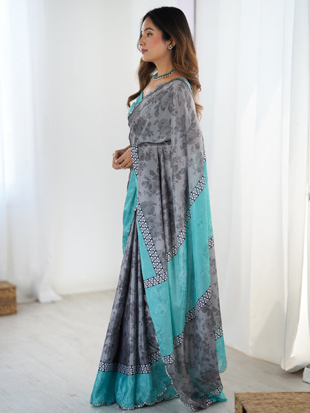 Grey Chinon Silk Print Work With Mirror Work Border Designer Saree