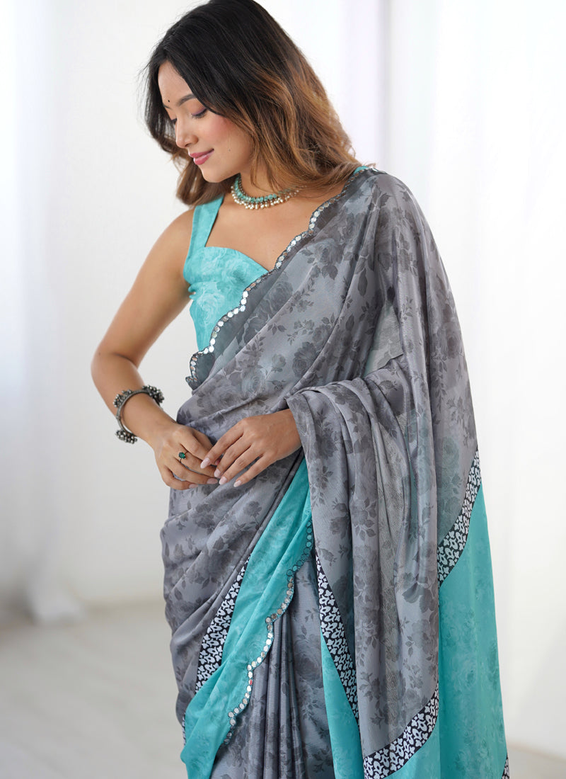Grey Chinon Silk Print Work With Mirror Work Border Designer Saree