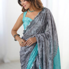 Grey Chinon Silk Print Work With Mirror Work Border Designer Saree