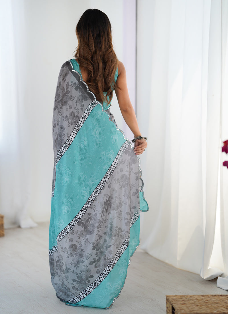 Grey Chinon Silk Print Work With Mirror Work Border Designer Saree