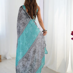 Grey Chinon Silk Print Work With Mirror Work Border Designer Saree