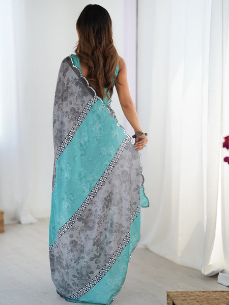 Grey Chinon Silk Print Work With Mirror Work Border Designer Saree