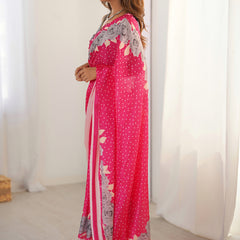 Pink Chinon Silk Print Work With Mirror Work Border Designer Saree