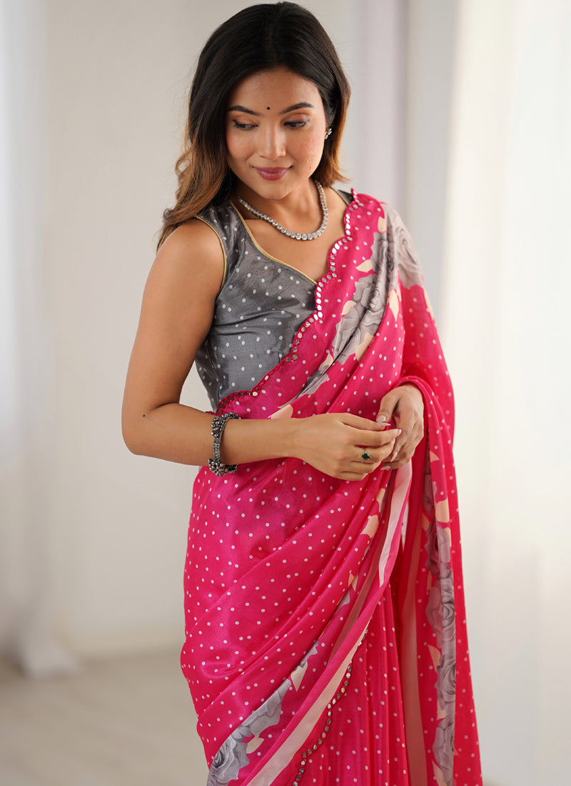 Pink Chinon Silk Print Work With Mirror Work Border Designer Saree