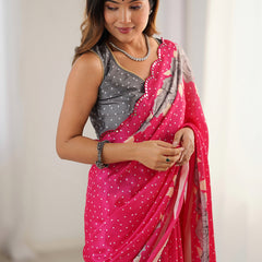 Pink Chinon Silk Print Work With Mirror Work Border Designer Saree