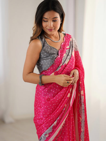 Pink Chinon Silk Print Work With Mirror Work Border Designer Saree