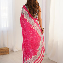 Pink Chinon Silk Print Work With Mirror Work Border Designer Saree