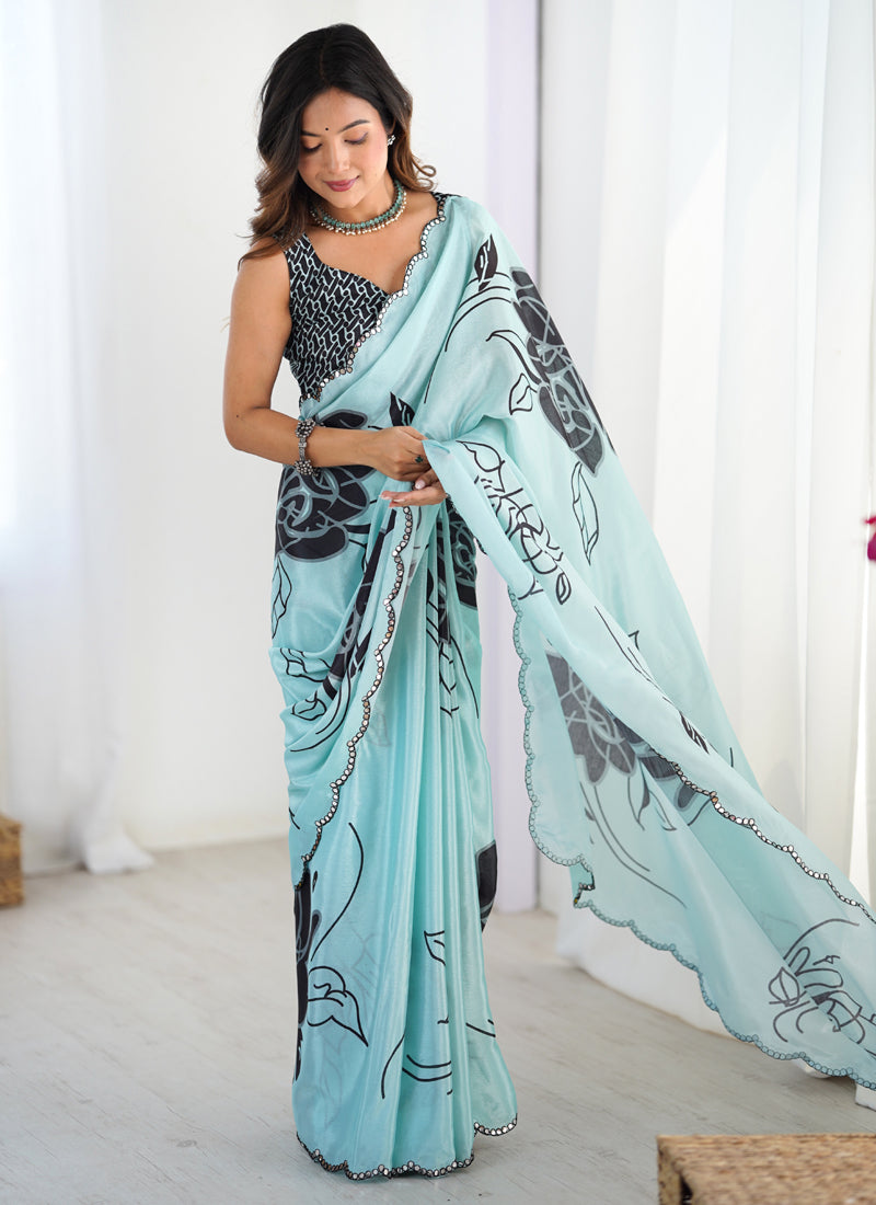Sky Blue Chinon Silk Print Work With Mirror Work Border Designer Saree