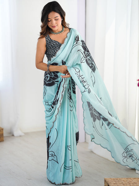 Sky Blue Chinon Silk Print Work With Mirror Work Border Designer Saree