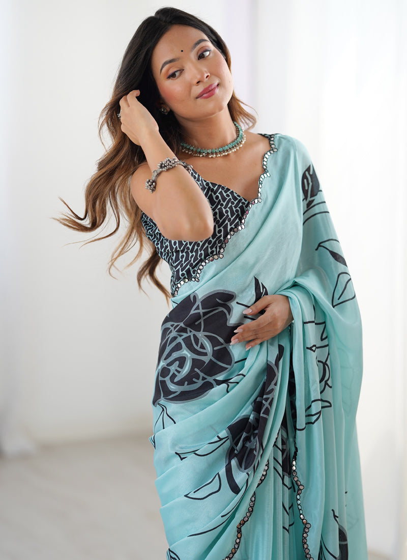 Sky Blue Chinon Silk Print Work With Mirror Work Border Designer Saree