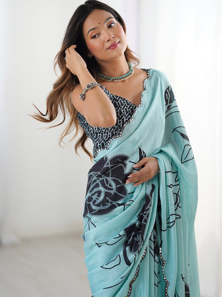 Sky Blue Chinon Silk Print Work With Mirror Work Border Designer Saree