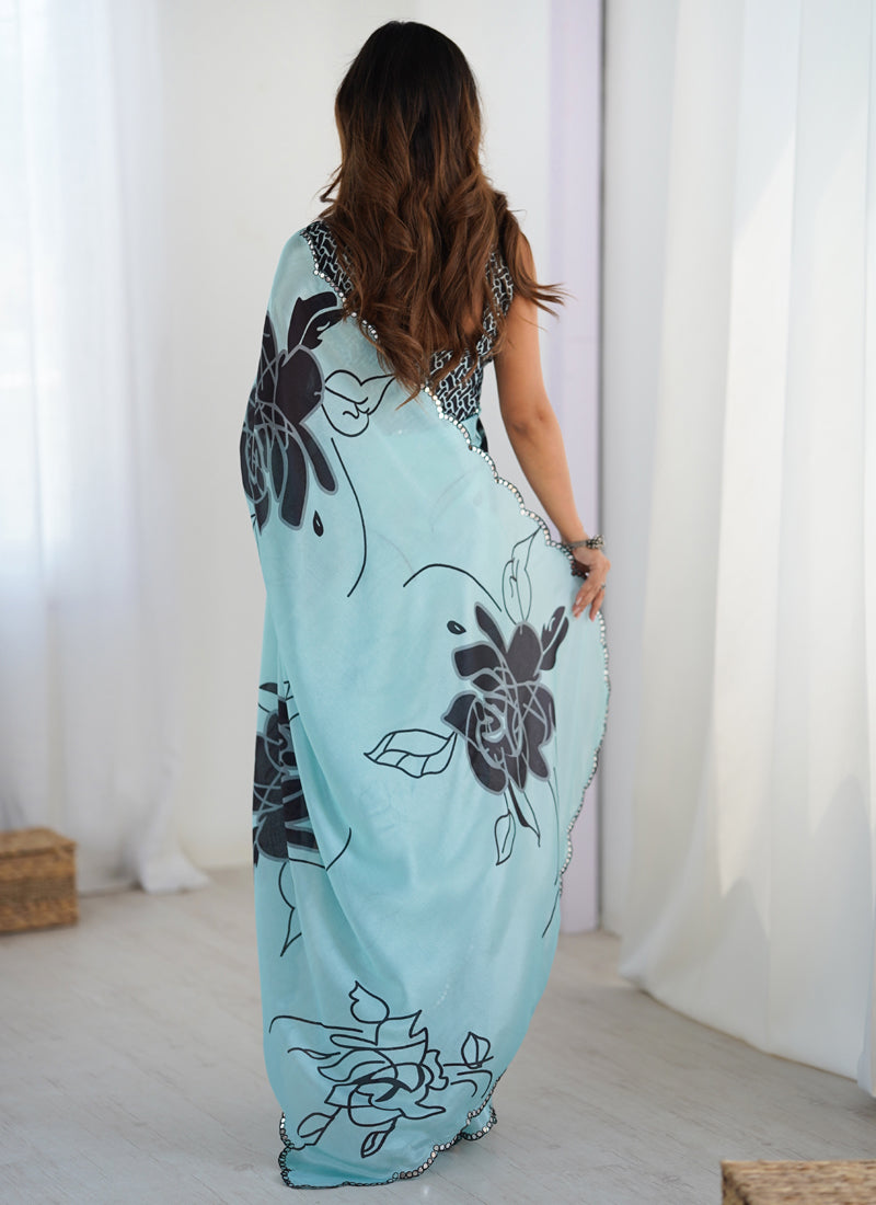Sky Blue Chinon Silk Print Work With Mirror Work Border Designer Saree