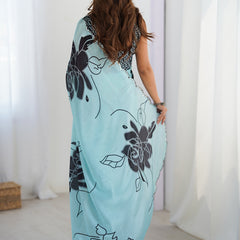 Sky Blue Chinon Silk Print Work With Mirror Work Border Designer Saree