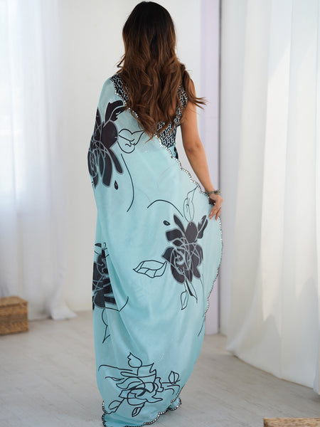 Sky Blue Chinon Silk Print Work With Mirror Work Border Designer Saree