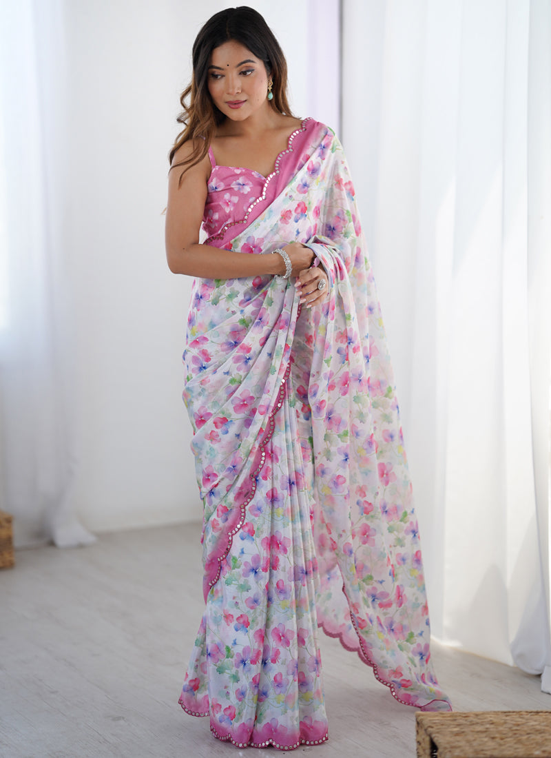 White & Pink Chinon Silk Print Work With Mirror Work Border Designer Saree