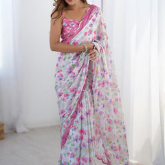 White & Pink Chinon Silk Print Work With Mirror Work Border Designer Saree