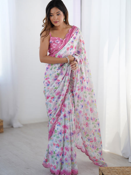 White & Pink Chinon Silk Print Work With Mirror Work Border Designer Saree