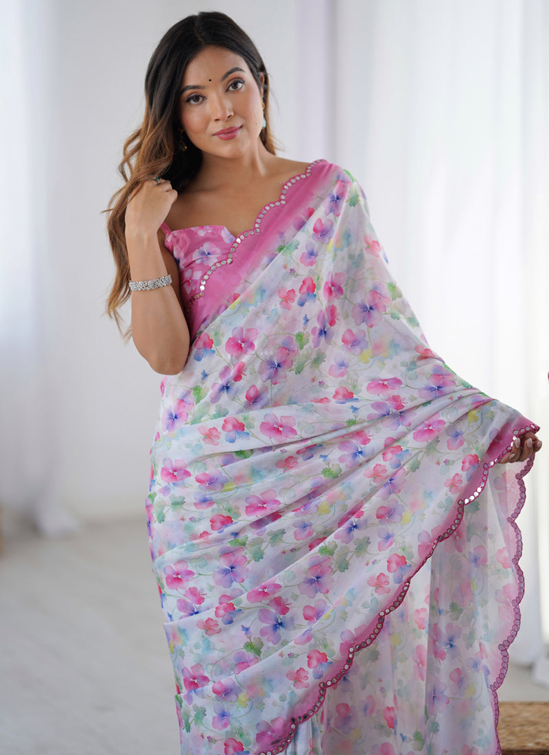 White & Pink Chinon Silk Print Work With Mirror Work Border Designer Saree