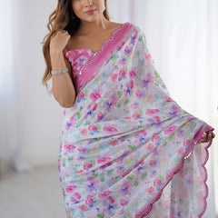 White & Pink Chinon Silk Print Work With Mirror Work Border Designer Saree