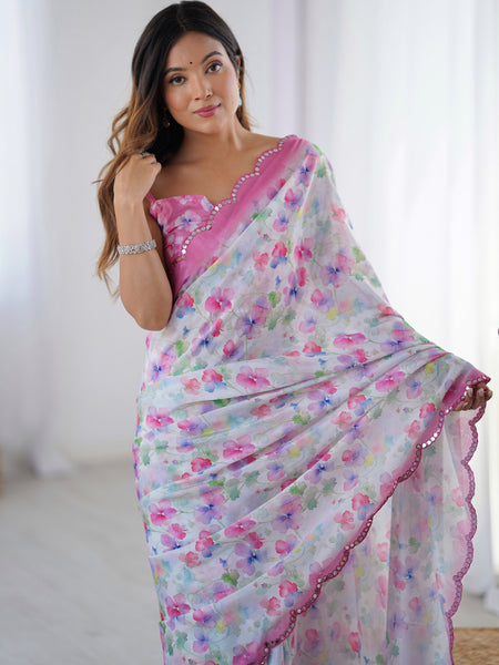 White & Pink Chinon Silk Print Work With Mirror Work Border Designer Saree