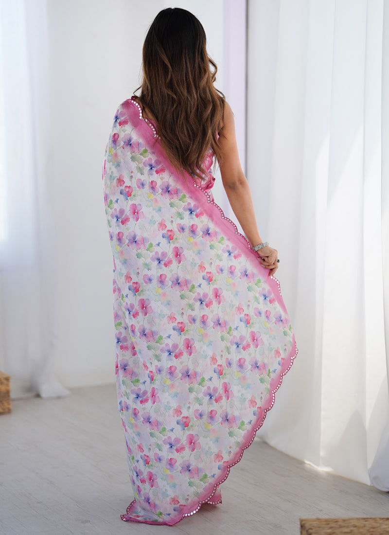 White & Pink Chinon Silk Print Work With Mirror Work Border Designer Saree