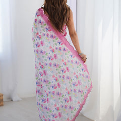 White & Pink Chinon Silk Print Work With Mirror Work Border Designer Saree
