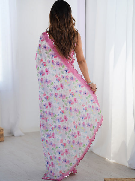 White & Pink Chinon Silk Print Work With Mirror Work Border Designer Saree