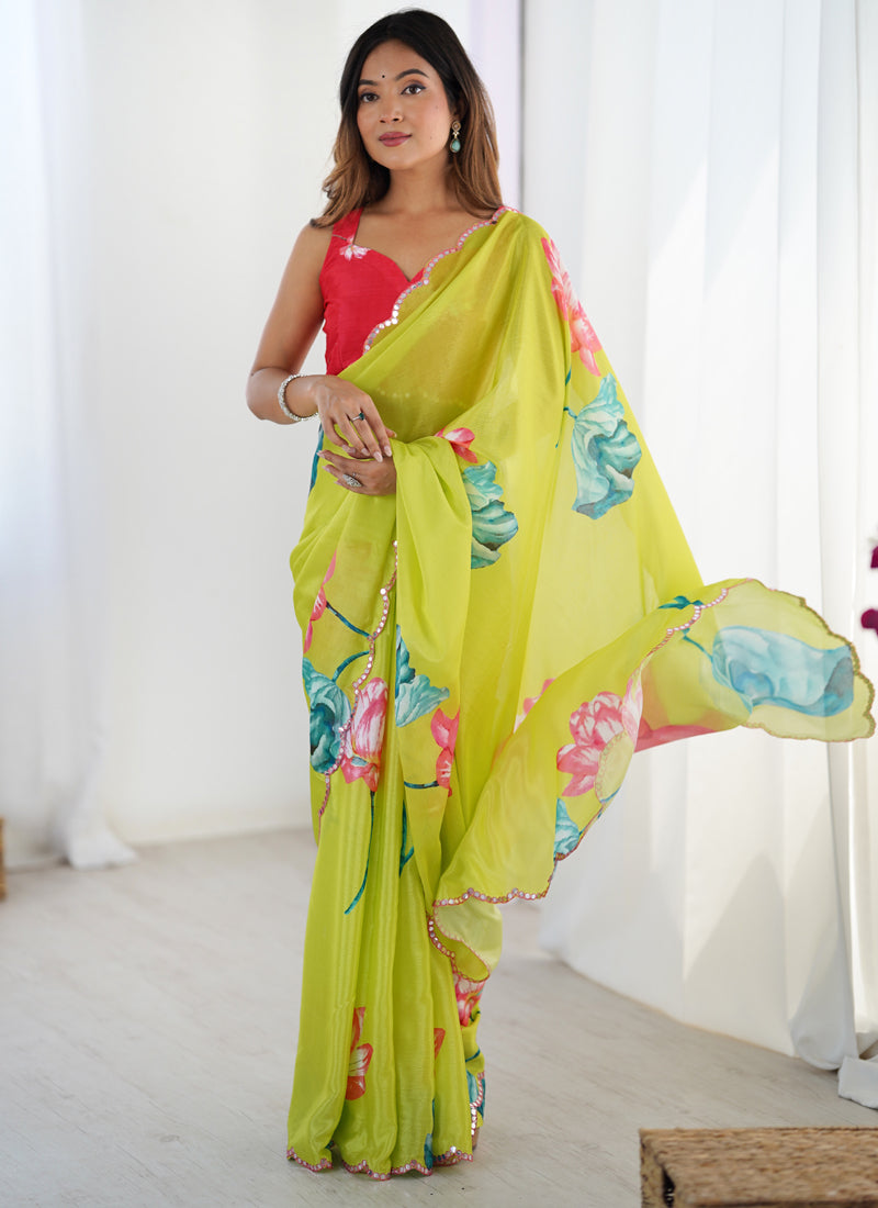 Lemon Yellow Chinon Silk Print Work With Mirror Work Border Designer Saree