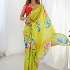 Lemon Yellow Chinon Silk Print Work With Mirror Work Border Designer Saree