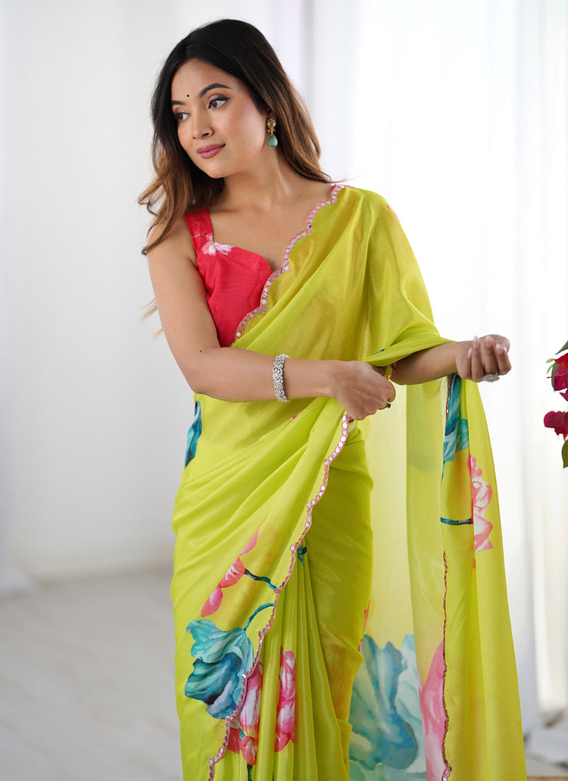 Lemon Yellow Chinon Silk Print Work With Mirror Work Border Designer Saree