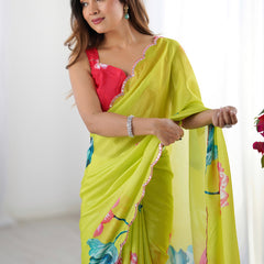 Lemon Yellow Chinon Silk Print Work With Mirror Work Border Designer Saree