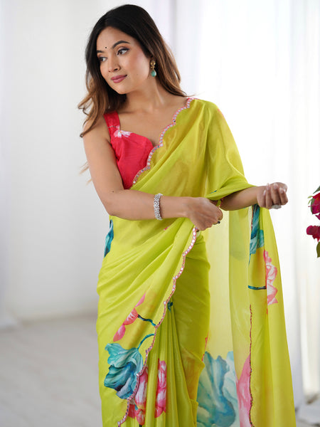 Lemon Yellow Chinon Silk Print Work With Mirror Work Border Designer Saree