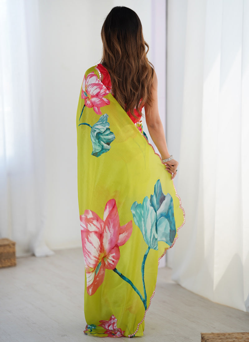 Lemon Yellow Chinon Silk Print Work With Mirror Work Border Designer Saree