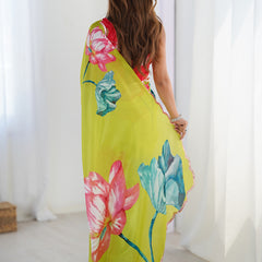 Lemon Yellow Chinon Silk Print Work With Mirror Work Border Designer Saree