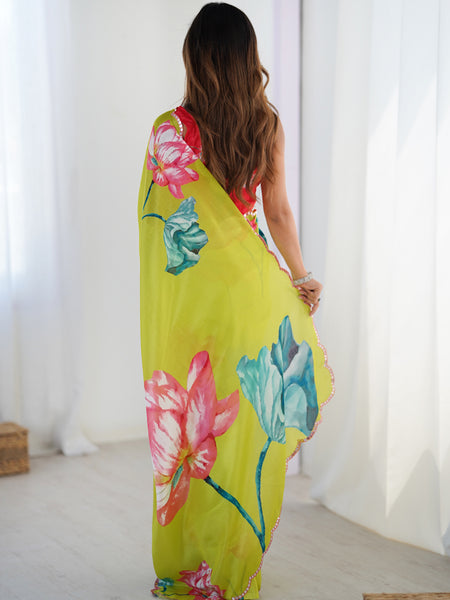 Lemon Yellow Chinon Silk Print Work With Mirror Work Border Designer Saree