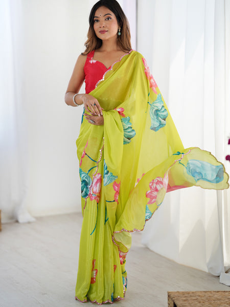 Lemon Yellow Chinon Silk Print Work With Mirror Work Border Designer Saree