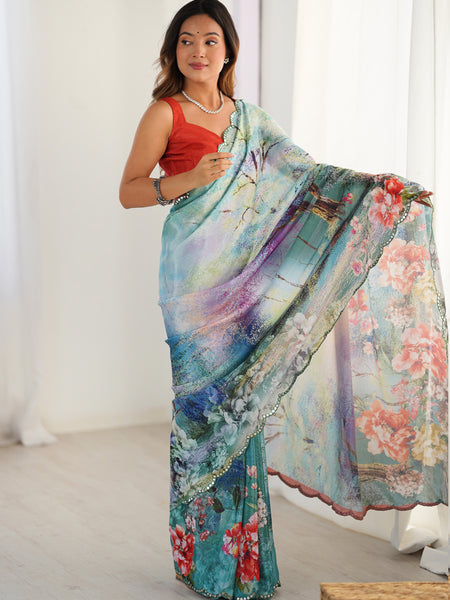 Multicolor Chinon Silk Print Work With Mirror Work Border Designer Saree
