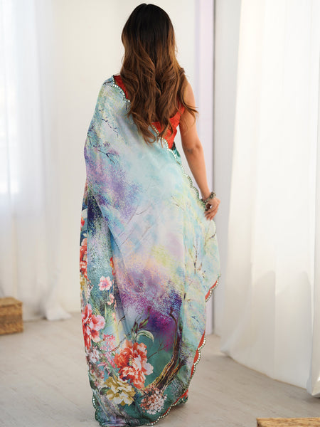 Multicolor Chinon Silk Print Work With Mirror Work Border Designer Saree