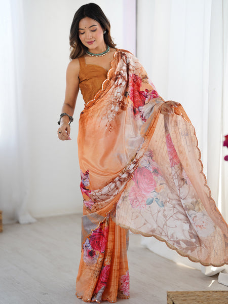 Chinon Silk Multicolor Print Work With Mirror Work Border Designer Saree