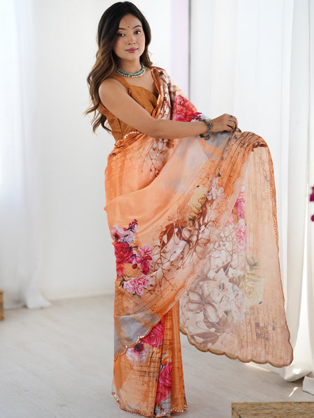 Chinon Silk Multicolor Print Work With Mirror Work Border Designer Saree