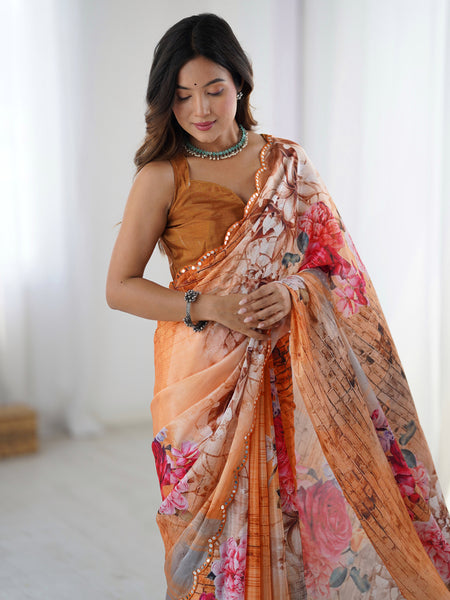 Chinon Silk Multicolor Print Work With Mirror Work Border Designer Saree