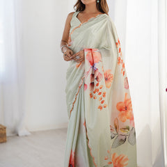 Olive Green Chinon Silk Print Work With Mirror Work Border Designer Saree
