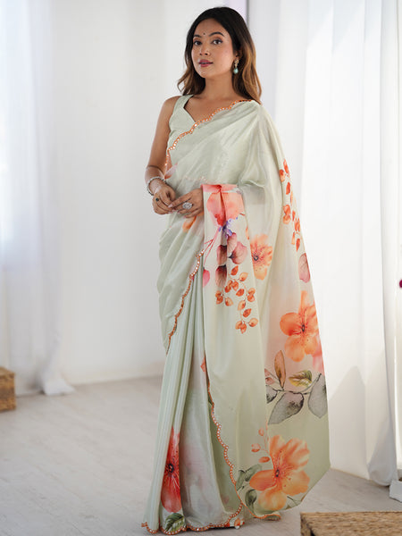 Olive Green Chinon Silk Print Work With Mirror Work Border Designer Saree
