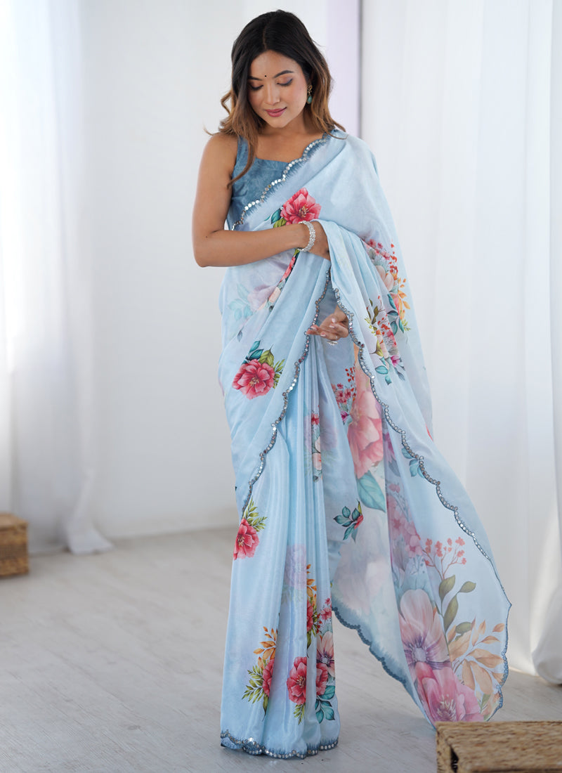 Sky Blue Chinon Silk Print Work With Mirror Work Border Designer Saree