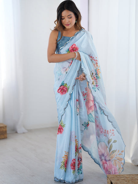 Sky Blue Chinon Silk Print Work With Mirror Work Border Designer Saree