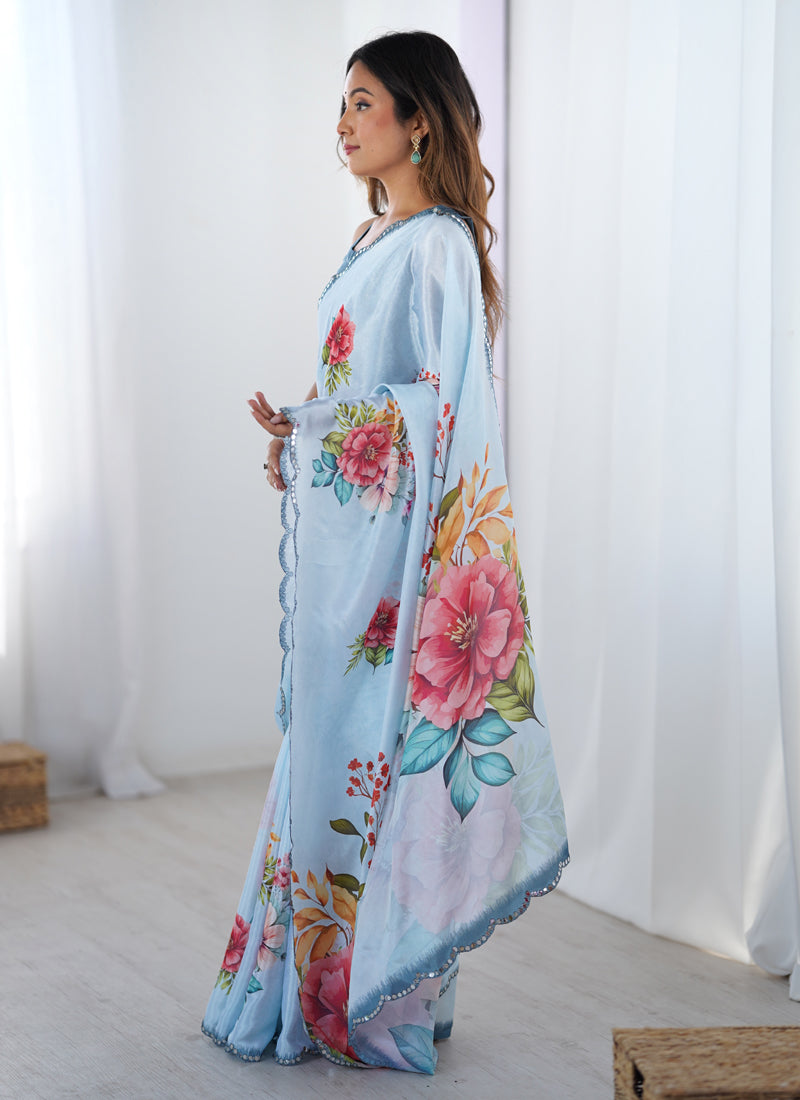 Sky Blue Chinon Silk Print Work With Mirror Work Border Designer Saree